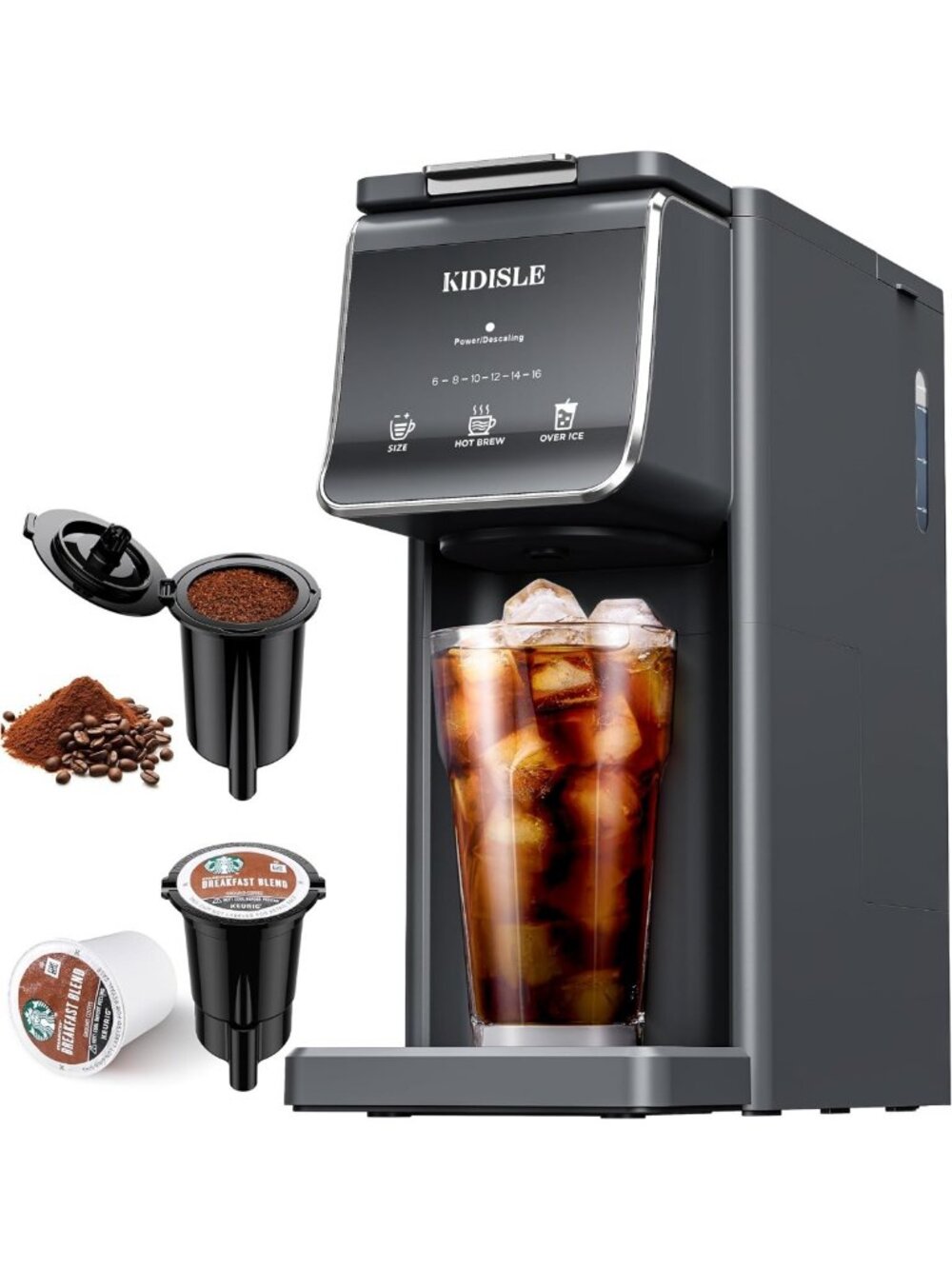 Single Serve Coffee Maker for K-Cups & Ground Coffee, Hot & Iced Brew, Gray